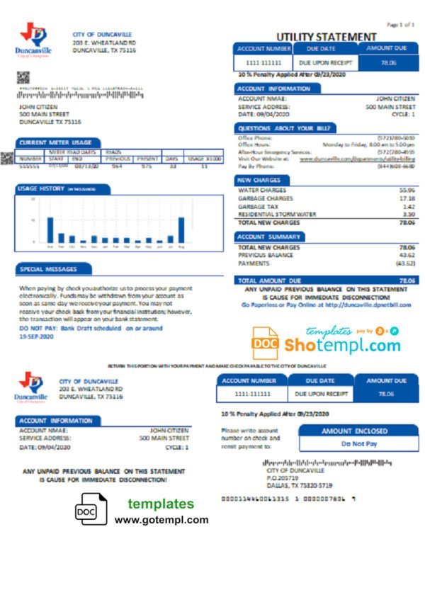 USA Texas City of Duncanville water, sewer, garbage utility bill template in Word and PDF format