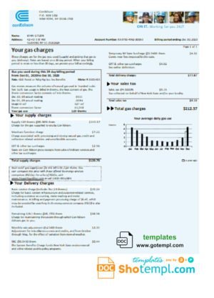 USA Con Edison gas utility bill template in Word and PDF format