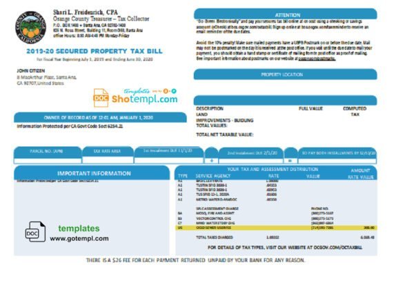 USA County of Orange California property tax bill template in Word and PDF format