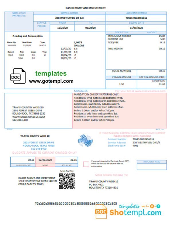 USA Texas Dasor Management and Investment utility bill template in Word nd PDF format