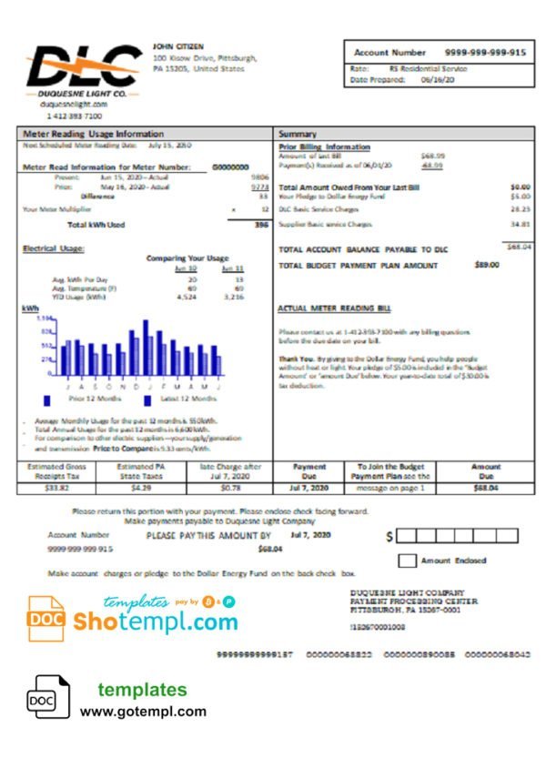 USA Pennsylvania Duquesne light utility bill template in Word and PDF format