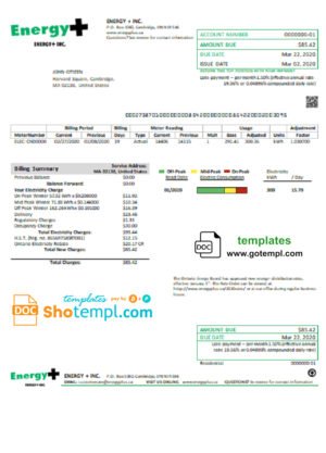 USA Massachusetts Energy Plus electricity utility bill template in Word and PDF format