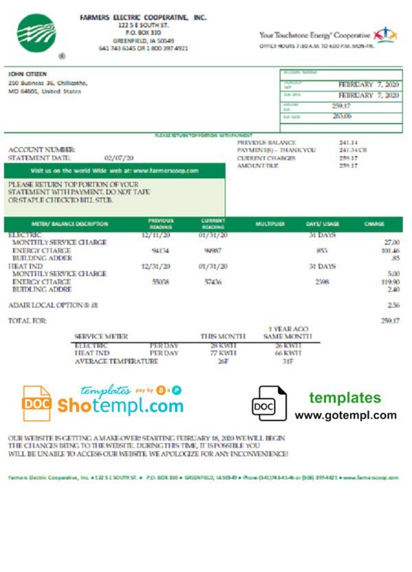 USA Ohio Farmers Electric Cooperative utility bill template in Word and PDF format, version 2