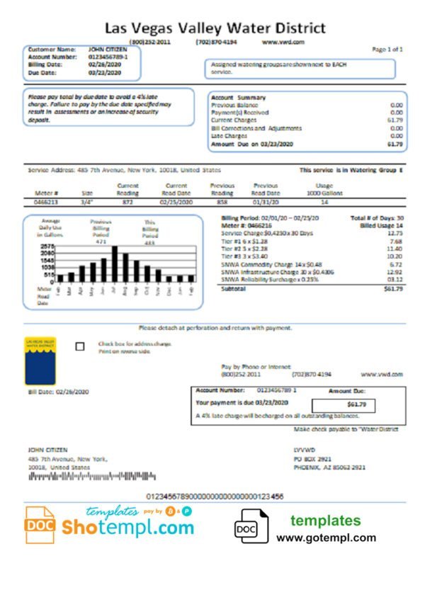 USA Las Vegas Valley Water District (LVVWD) utility bill template in Word and PDF format