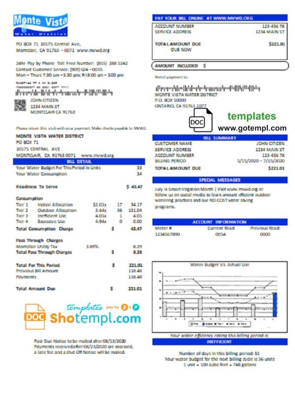 USA California Monte Vista Water District utility bill template in Word and PDF format