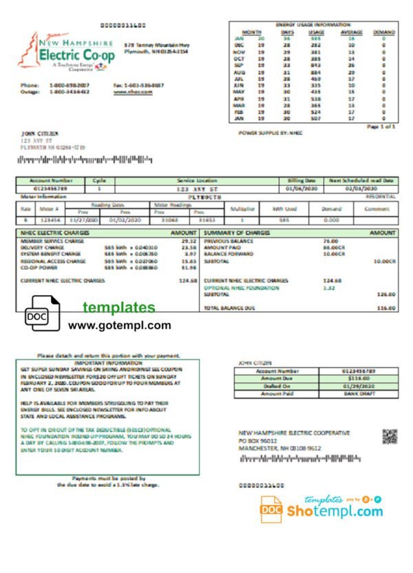 USA New Hampshire Electric Co-op electricity utility bill template in Word and PDF format