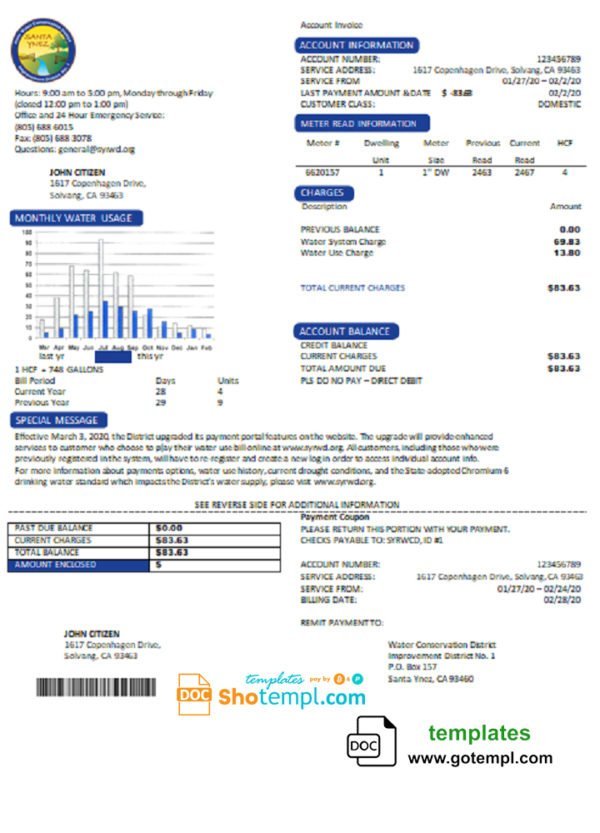 USA California Santa Ynez water utility bill template in Word and PDF format