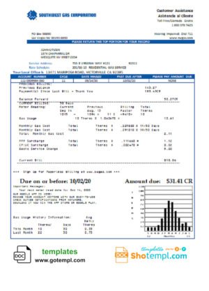 USA Nevada Southwest gas Corporation utility bill template in Word and PDF format