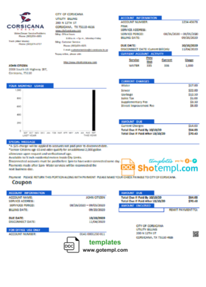 USA Texas City of Corsicana utility bill template in Word and PDF format