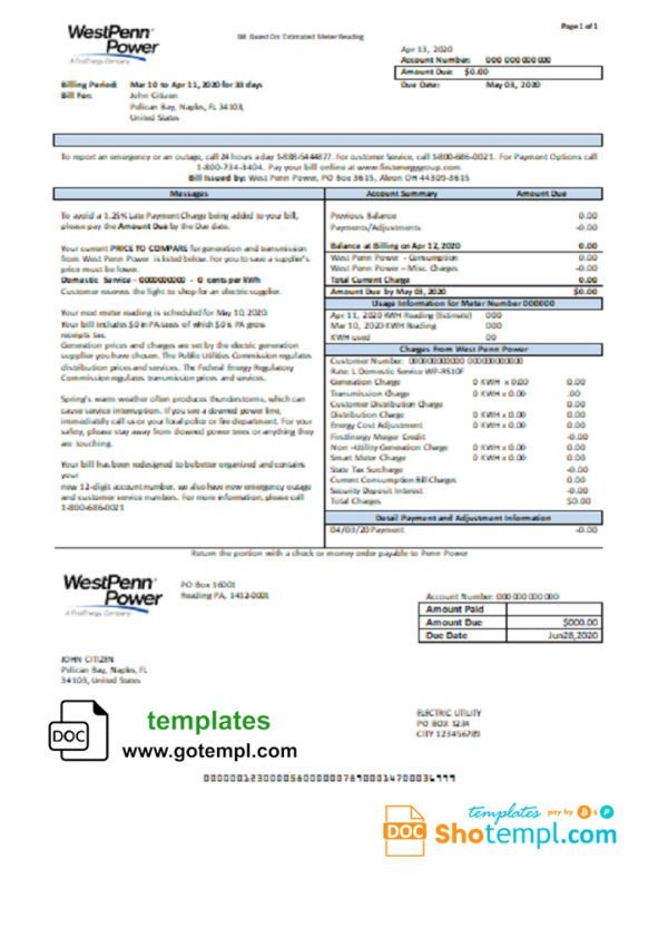 USA Pennsylvania West Penn Power utility bill template in Word and PDF format