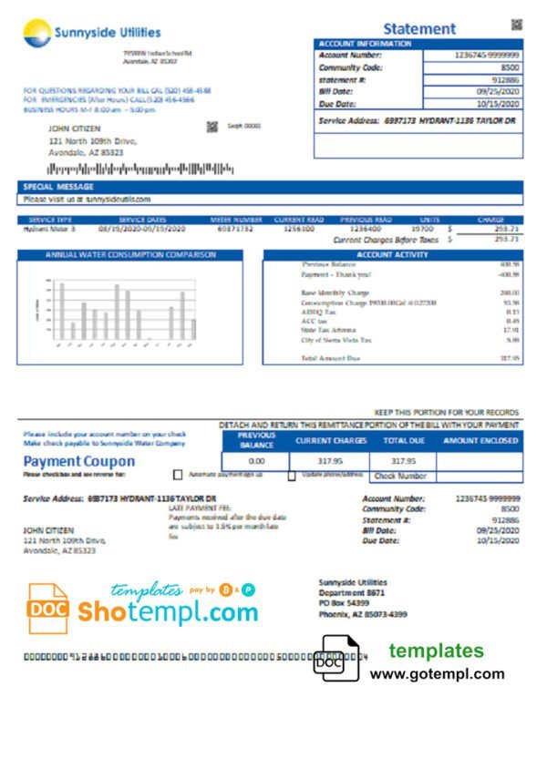 USA Washington Sunnyside Utilities water utility bill template in Word and PDF format