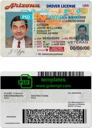 USA Arizona driving license template in PSD format