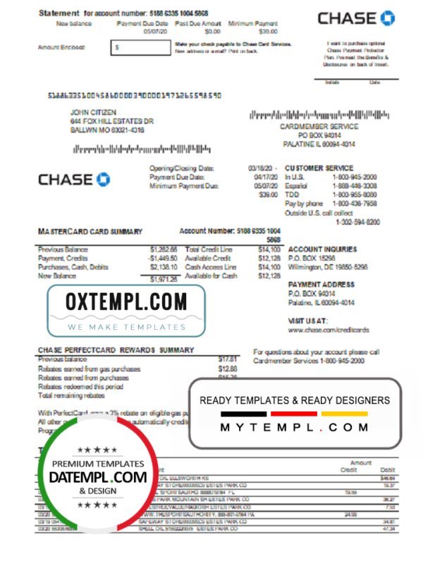 USA Chase bank Mastercard card statement easy to fill template in Word and PDF format