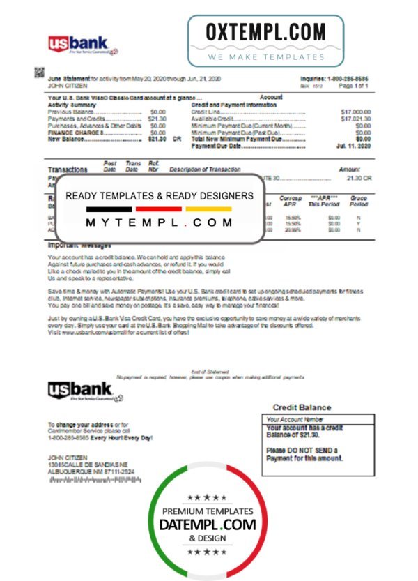 USA U.S. bank credit card statement template in Word and PDF format