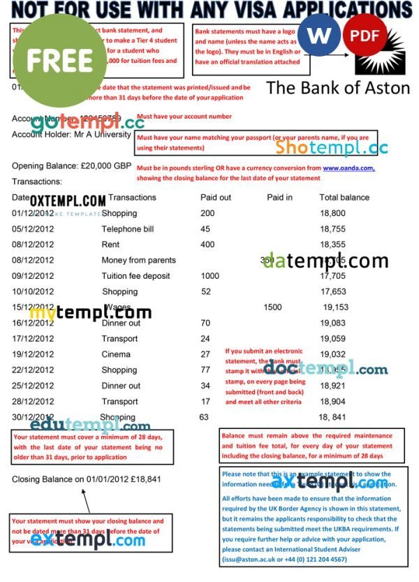 United Kingdom The Bank of Aston bank statement template in Word format