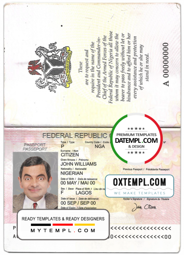 Nigeria passport template in PSD format, 2007-2019