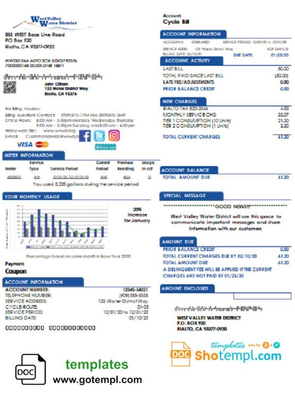 USA California West Valley Water District utility bill template in Word and PDF format