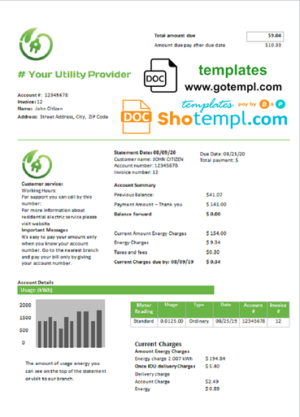 energy quota universal multipurpose utility bill template in Word format
