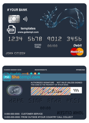 action water universal multipurpose bank mastercard debit credit card template in PSD format, fully editable