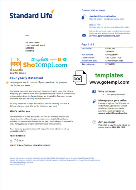 United Kingdom Standard Life utility bill template in Word and PDF format