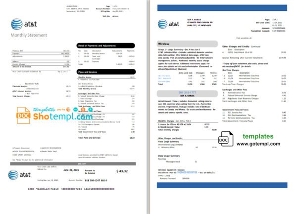 USA Texas AT&T telecommunications utility bill template in Word and PDF format (2 pages)