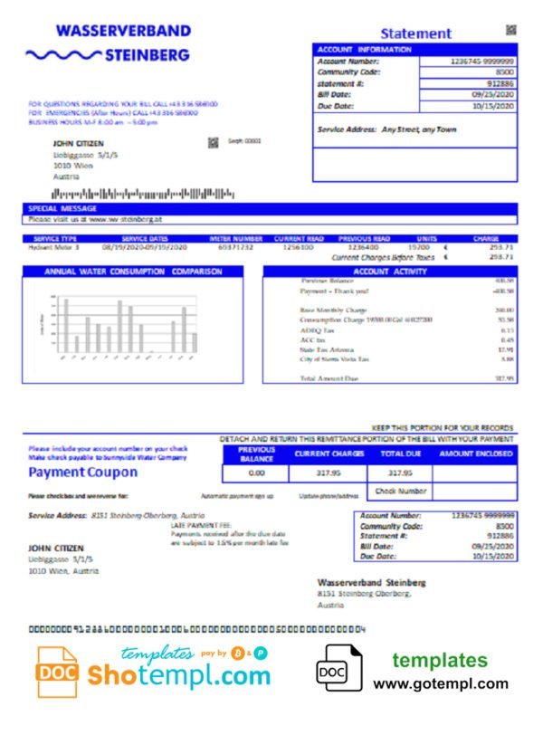 Austria Wasserverband Steinberg water utility bill template in Word and PDF format