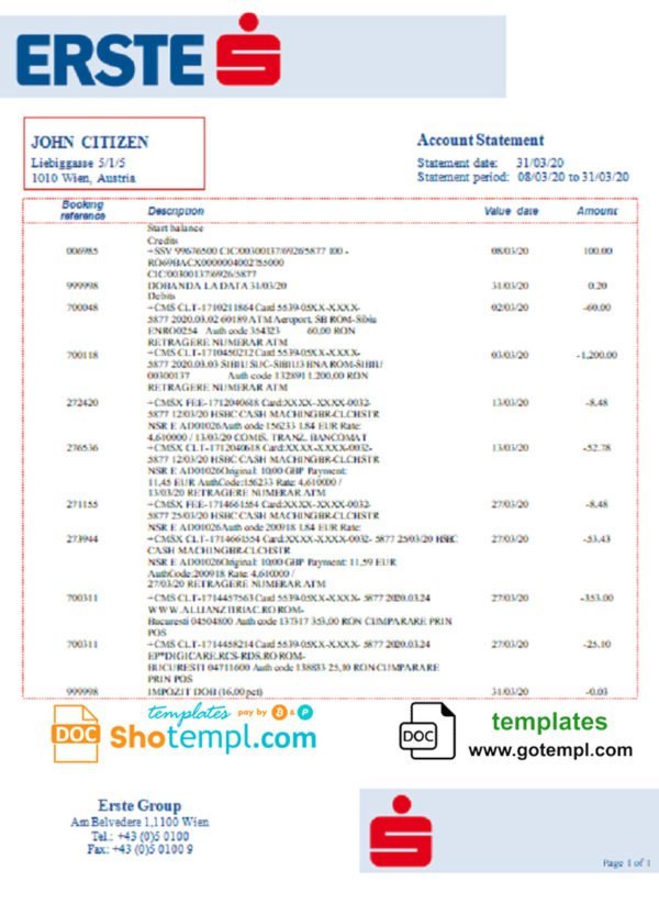 Austria Erste Group bank statement template in Word and PDf format