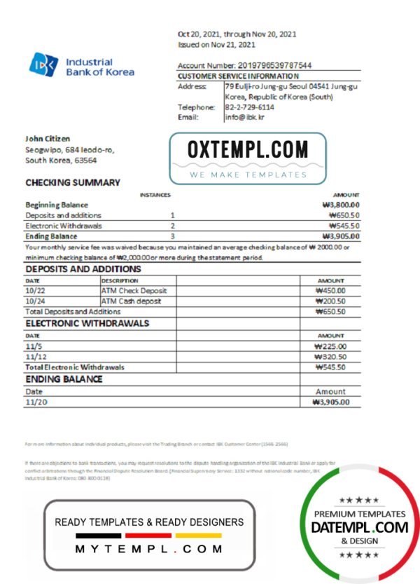 South Korea Industrial bank statement easy to fill template in Excel and PDF format