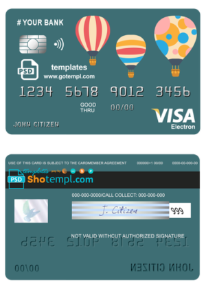 baloon bio universal multipurpose bank visa electron credit card template in PSD format, fully editable