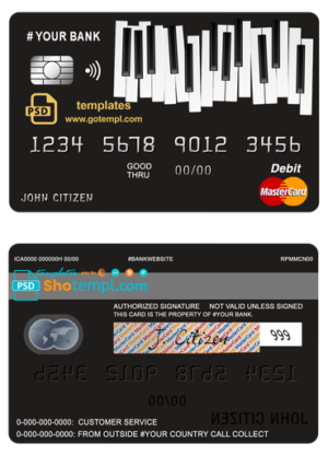 bay piano universal multipurpose bank mastercard debit credit card template in PSD format, fully editable