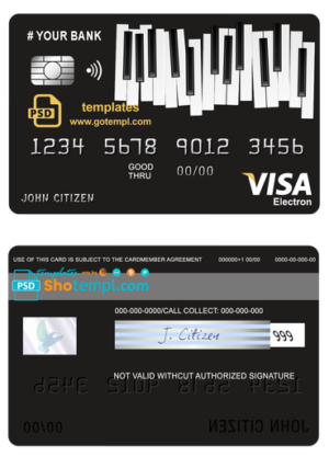 bay piano universal multipurpose bank visa electron credit card template in PSD format, fully editable