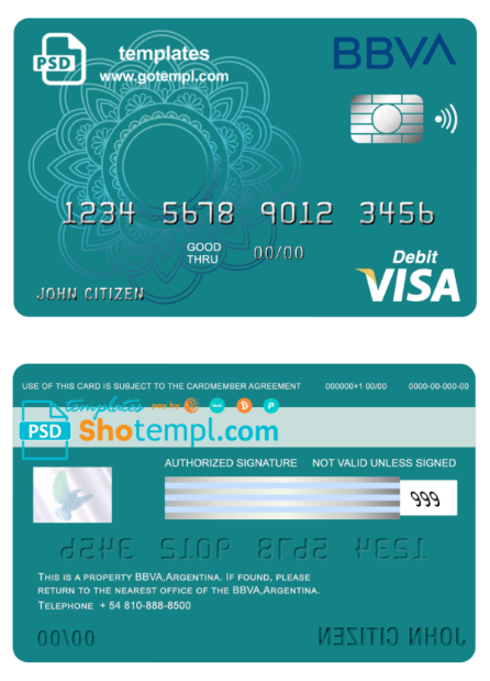 Argentina BBVA bank visa debit card template in PSD format, fully editable