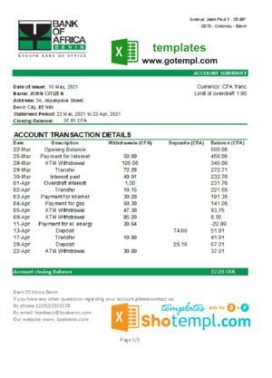 Benin Bank of Africa bank statement easy to fill template in Excel and PDF format