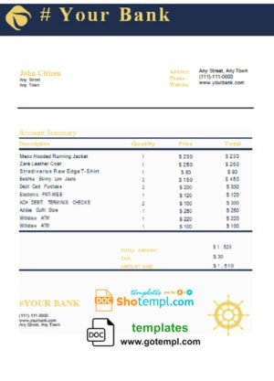blue tone universal multipurpose bank statement template in Word format