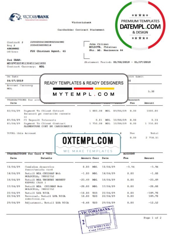 Moldova Victoriabank proof of address statement template in Word and PDF format