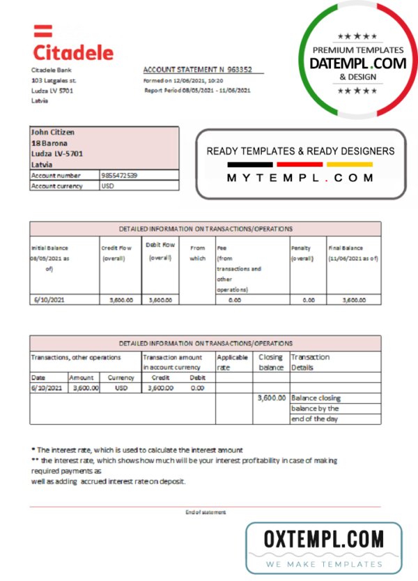 Latvia Citadele bank statement template in Excel and PDF format