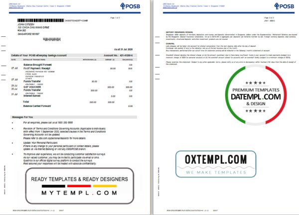 Singapore DBS bank statement template in Word and PDF format, 2 pages