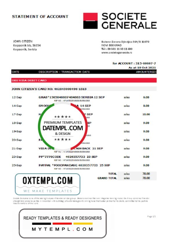 Serbia Societe Generale bank statement easy to fill template in .xls and .pdf format