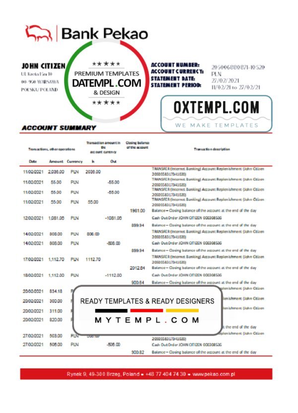 Poland Bank Pekao S.A. bank statement easy to fill template in Excel and PDF format