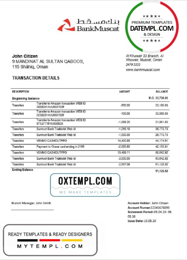 Oman Bank Muscat proof of address bank statement template in Word and PDF format (.doc and .pdf)