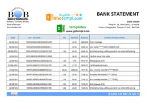 Bhutan Bank of Bhutan bank statement easy to fill template in Excel and PDF format