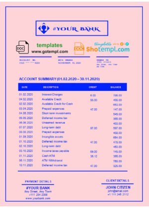 bright blue universal multipurpose bank statement template in Word format