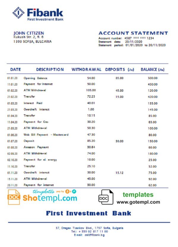 Bulgaria Fibank bank statement template in Word and PDF format