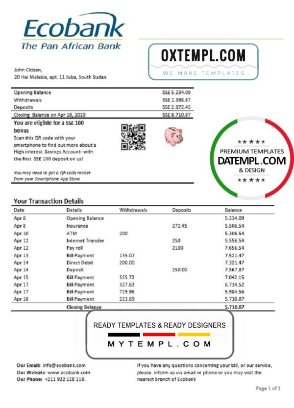 South Sudan Ecobank proof of address bank statement template in Word and PDF format