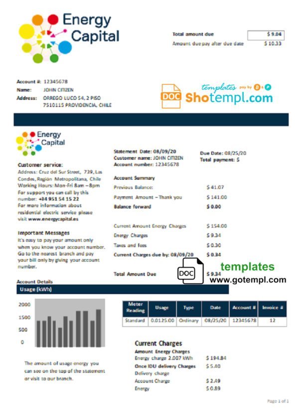 Chile Energy Capital utility bill template in Word and PDF format