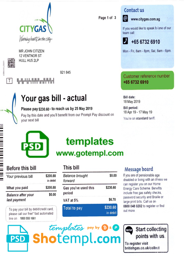 Singapore City Gas utility bill template, fully editable in PSD format