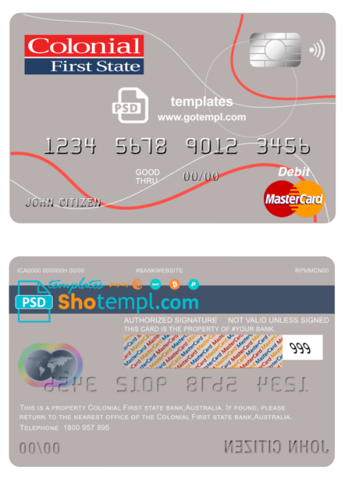 Australia Colonial First State Bank mastercard debit card template in PSD format, fully editable