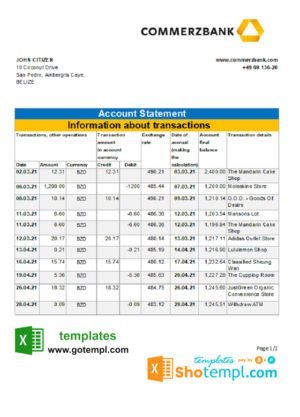 Belize Belizebank bank statement easy to fill template in .xls and .pdf file format