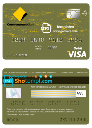 Australia Commonwealth Account Bank visa card template in PSD format, fully editable