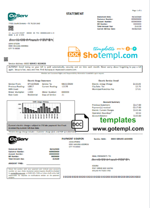 USA Texas CoServ utility bill template in Word and PDF format